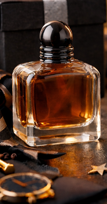 Luksusowe męskie perfumy na eleganckim tle z prezentowym pudełkiem i złotym światłem