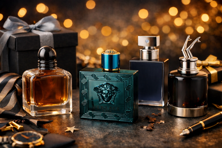 Eleganckie męskie perfumy na prezent z okazji Dnia Mężczyzn na ciemnym tle z ozdobnym pudełkiem