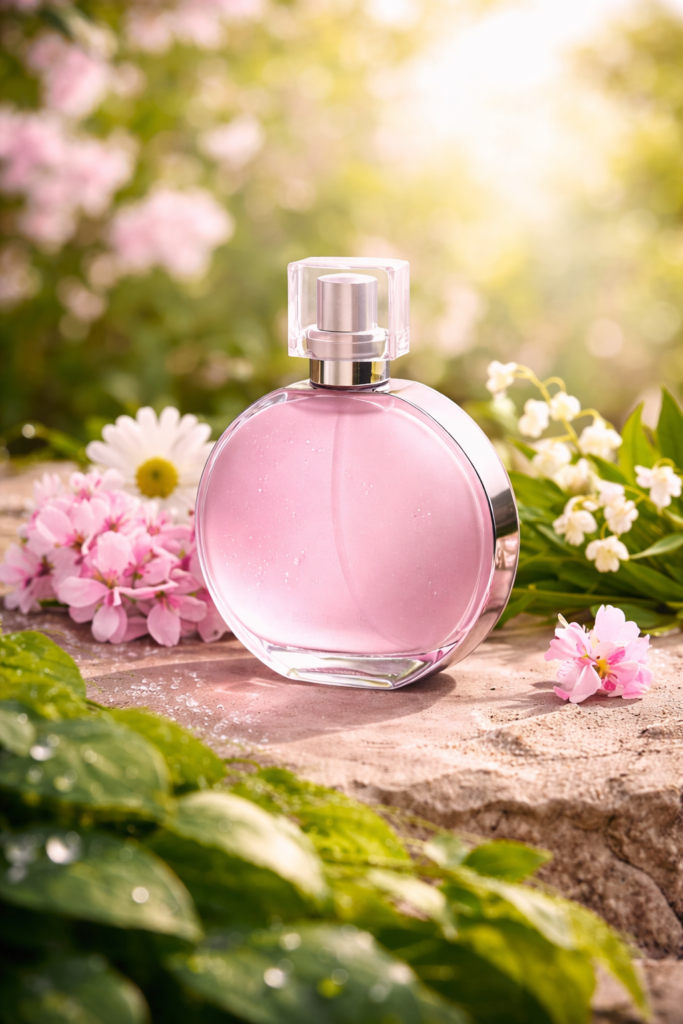 Perfumy w aranżacji symbolizującej wiosnę, lato, jesień i zimę