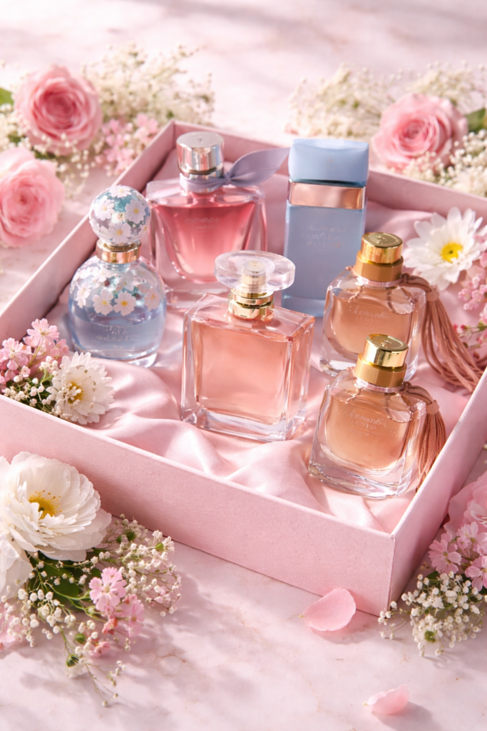 Eleganckie perfumy w różowym pudełku prezentowym wśród kwiatów – idealny prezent na Dzień Kobiet