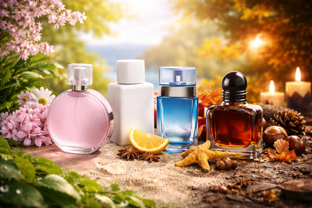 Flakony perfum na tle zmieniających się pór roku – kwiaty, cytrusy, liście i świece w jednej aranżacji