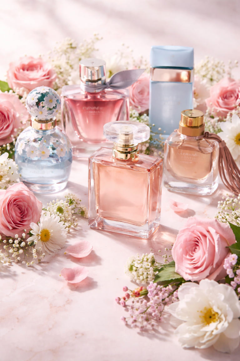 Kompozycja eleganckich perfum wśród róż i białych kwiatów – idealny prezent na Dzień Kobiet